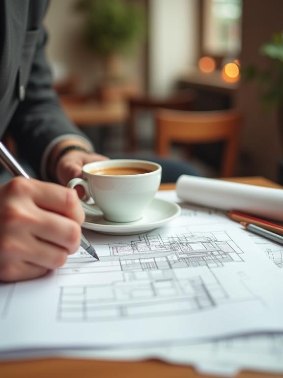 カフェのテーブルでスケッチをする建築デザイナー